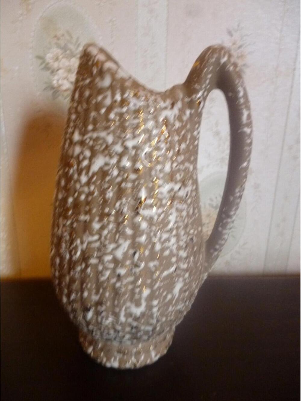 Mid Century Savoy China Deena Taupe Pitcher Vase With Gold and White Splatters